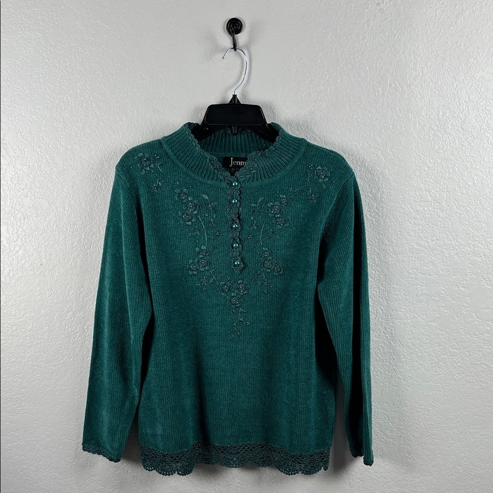 Jenny Women’s Small Dark Green Sweater Crochet Trim Beaded Button Front Floral M - Picture 1 of 8